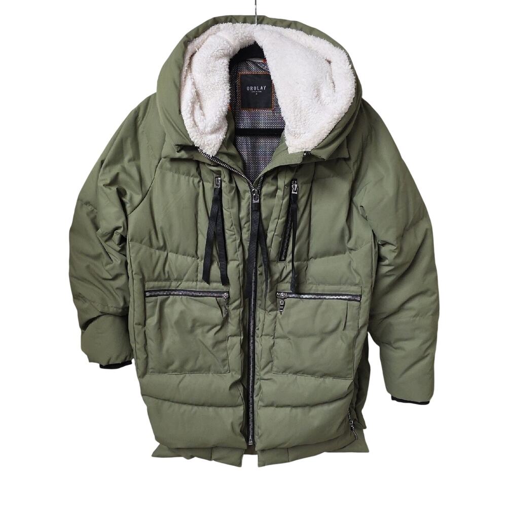 Orolay Women's Thickened Down Green Jacket Faux Sherpa Lined Hood Size Small